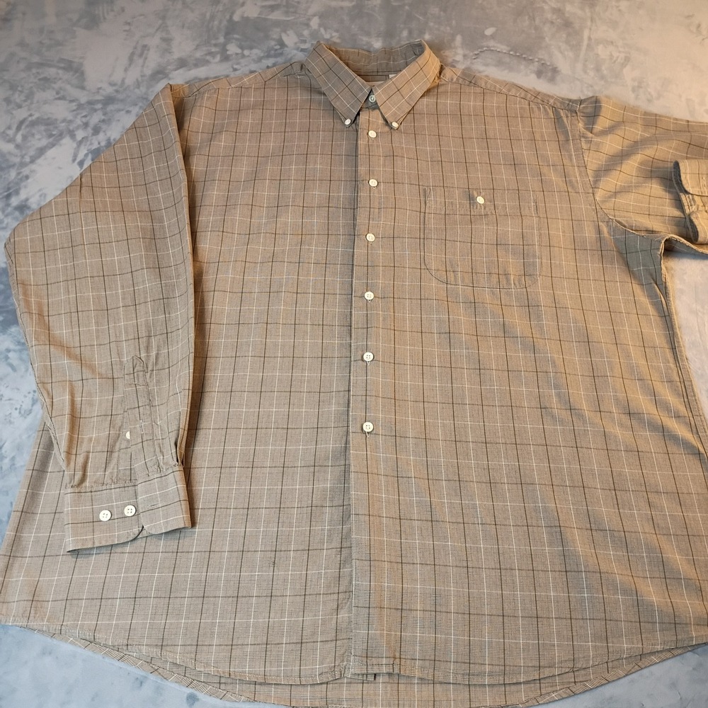 Haggar Mens Tan Plaid Button Down Shirt 100% Cotton Corporate Casuals 17-17.5 36